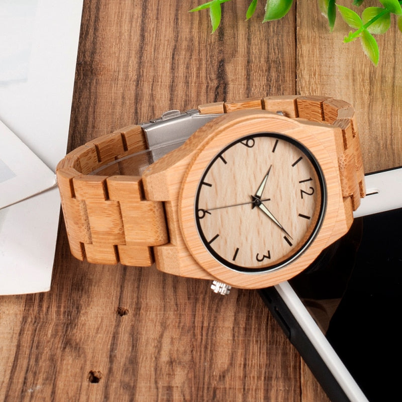 Wooden Bamboo Quartz Watch with Luminous Hands + Free Gift Box