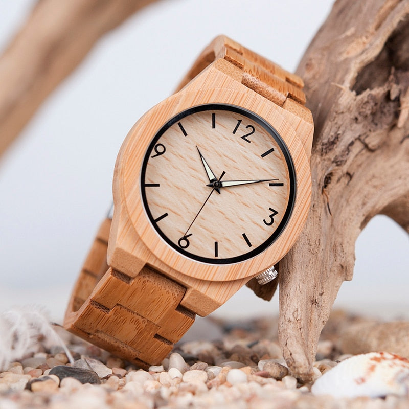 Wooden Bamboo Quartz Watch with Luminous Hands + Free Gift Box
